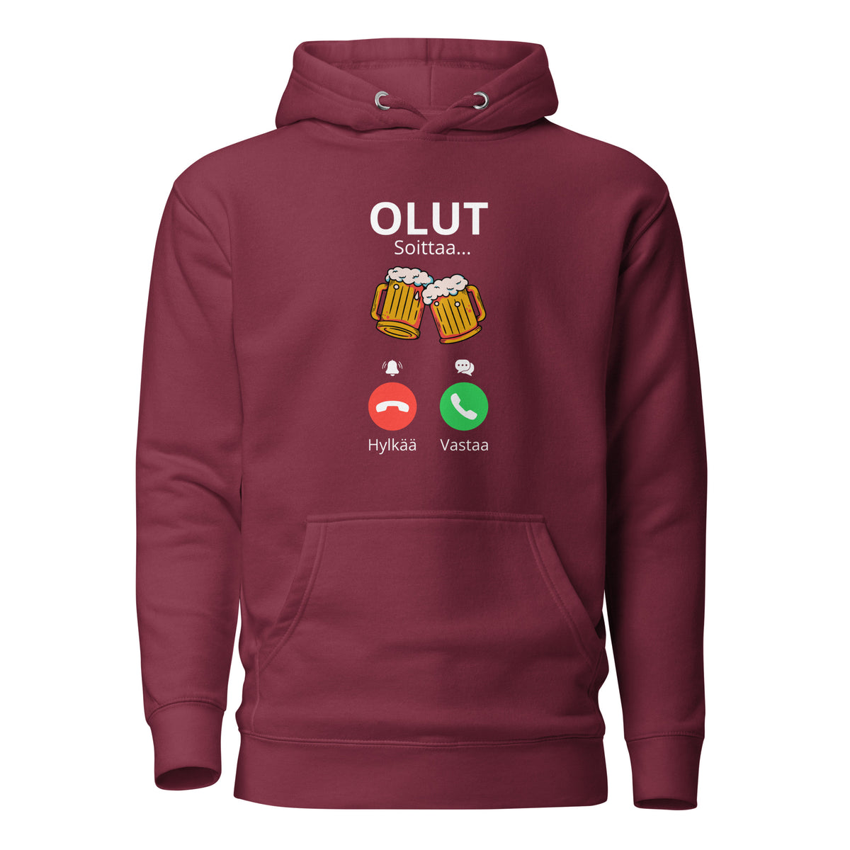 Punainen olut huppari, jossa olut-lasien kuvasto ja tekstinä Olut Soittaa