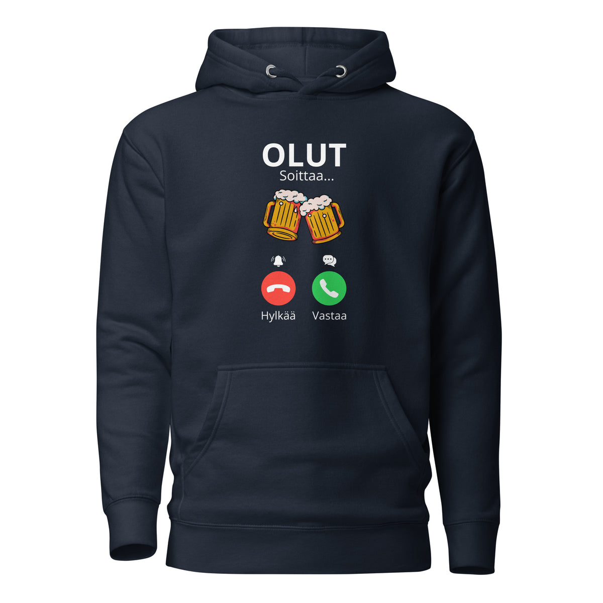 Meemirotta olut huppari tummansinisellä taustalla, jossa olutlasit ja puhelinikonstit
