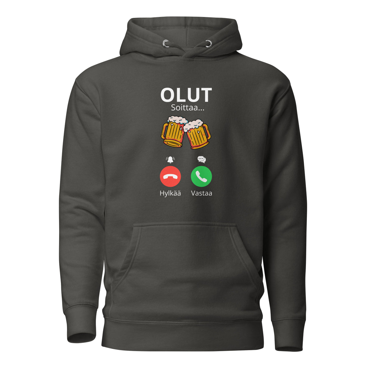 Meemirotta olut huppari harmaalla taustalla graafisella olutkuvalla ja puhelinikonilla