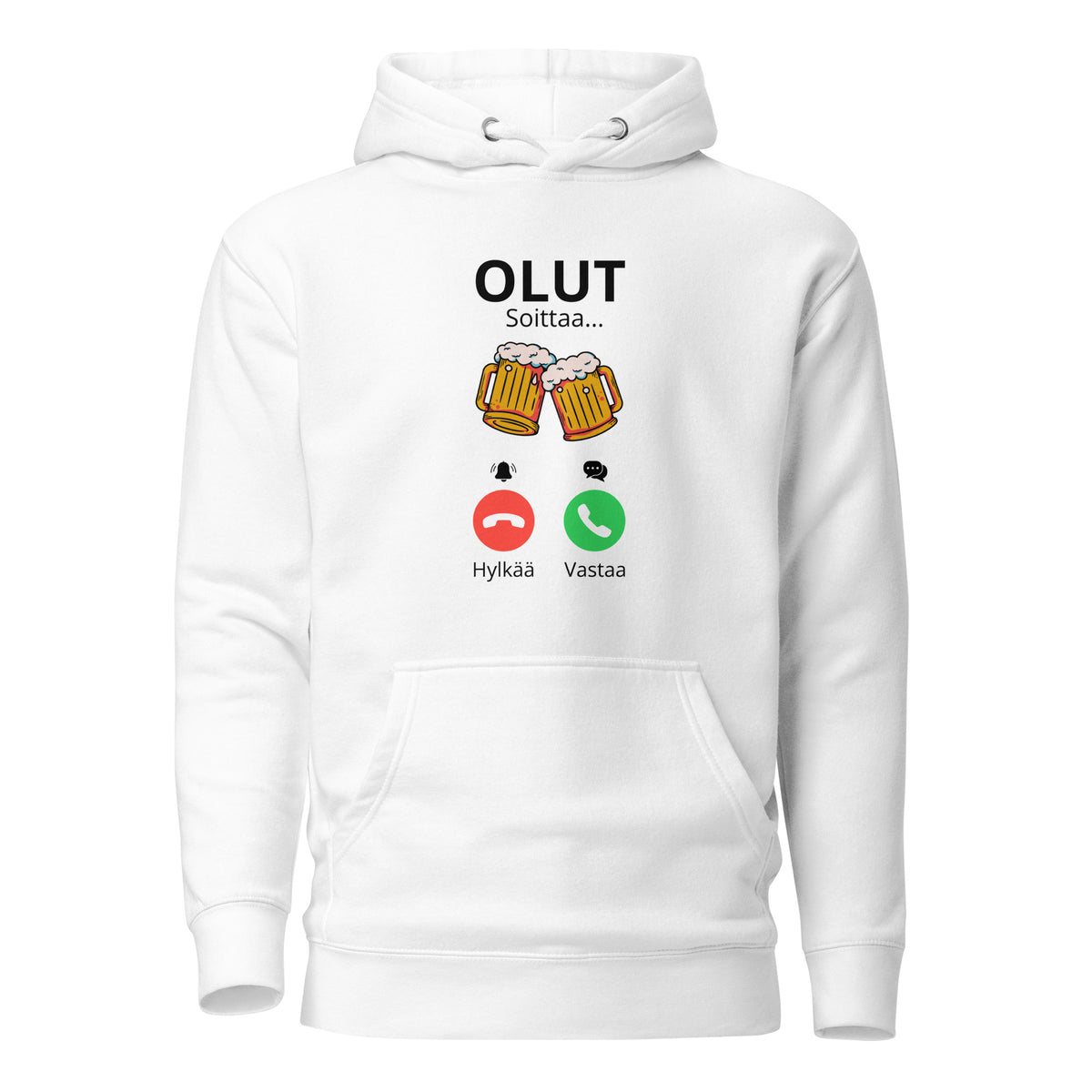 Valkoinen olut huppari, jossa olutlasit ja puhelinpainikkeet hauska grafiikka