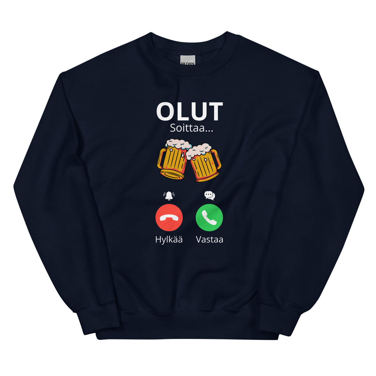 Meemirotta olutaiheinen collegepaita tummansinisellä värillä, olutlasit ja puhelinsymbolit