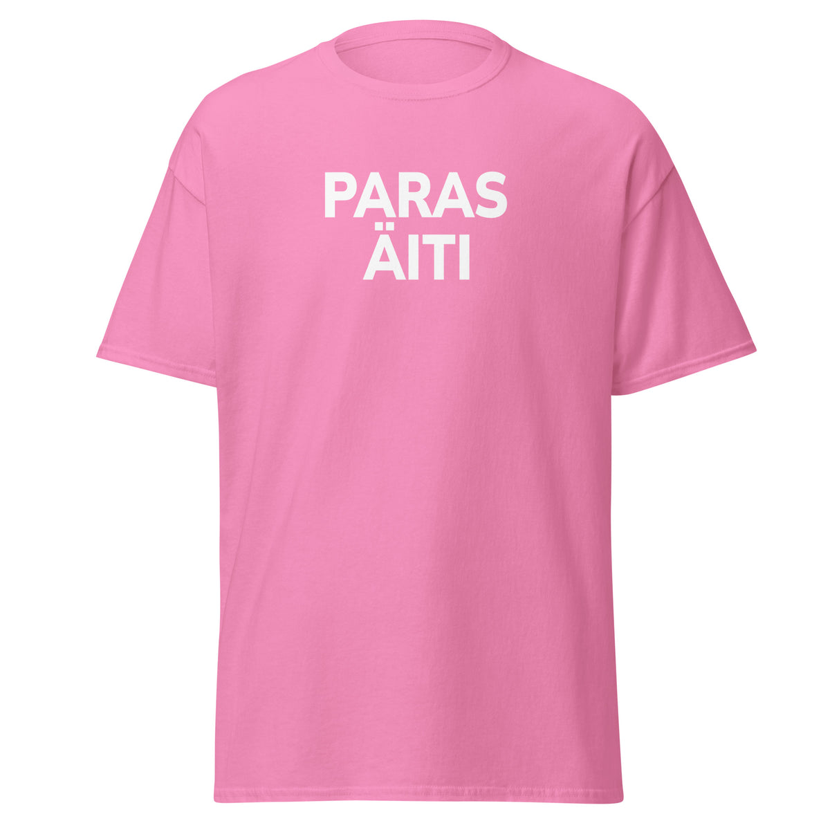 Vaaleanpunainen paras äiti t-paita Meemirotta-brändiltä, jossa valkoinen teksti.