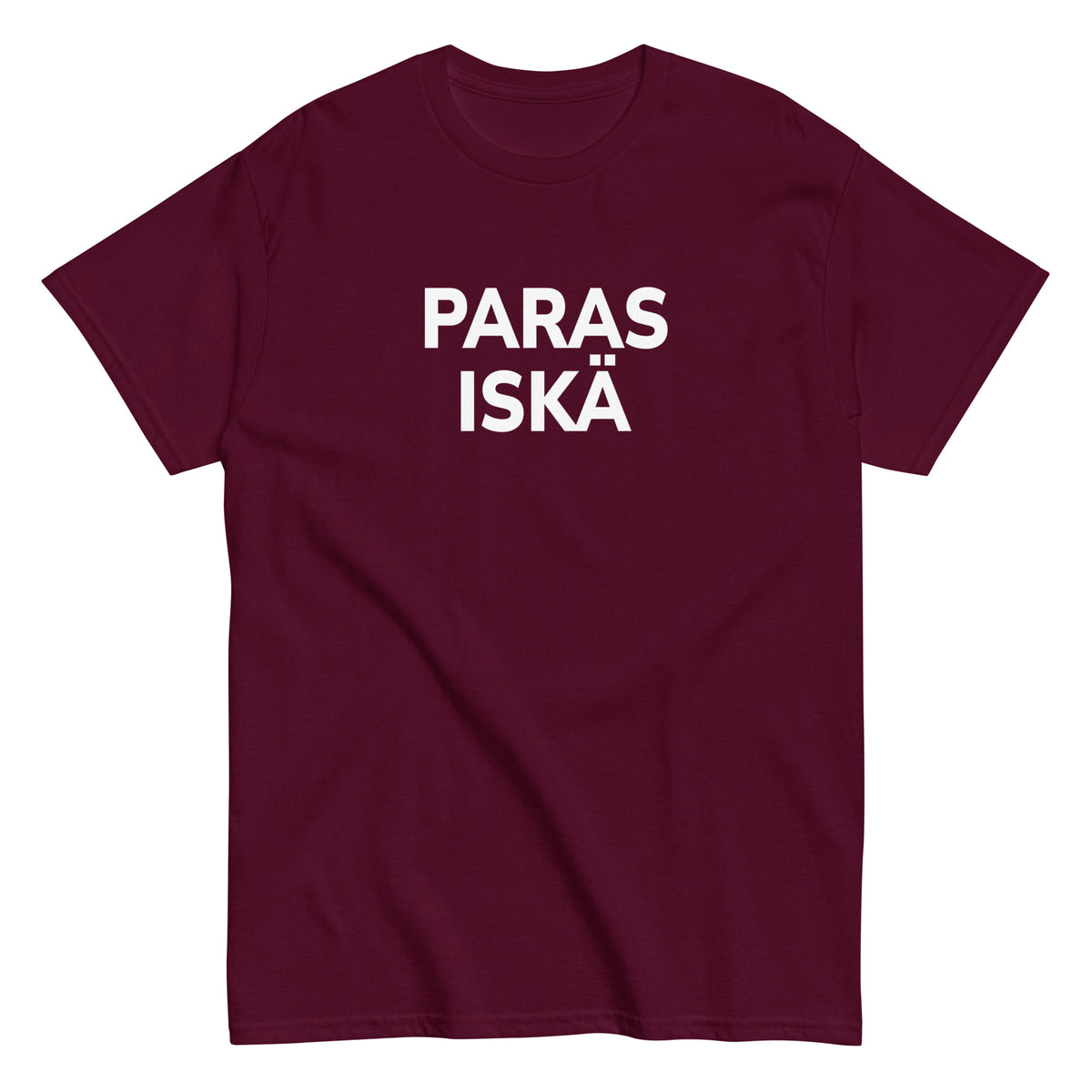Mynämäen Meemirotta paras iskä t-paita tummanpunaisella pohjalla valkoisella tekstillä