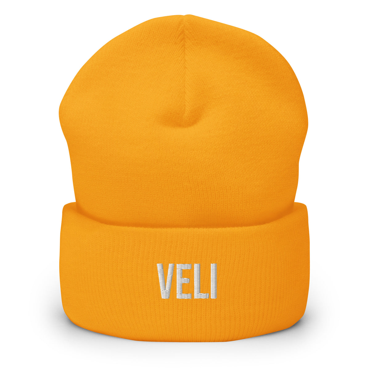 Keltainen pipo lahjaksi, jossa on valkoinen VELI-teksti
