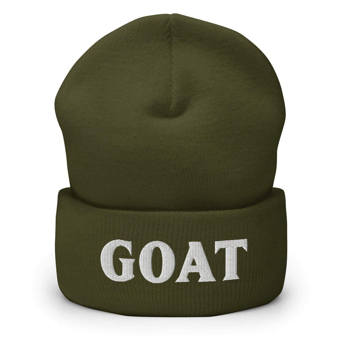 Vihreä Meemirotta-pipo lahjaksi, jossa valkoinen GOAT-teksti edessä