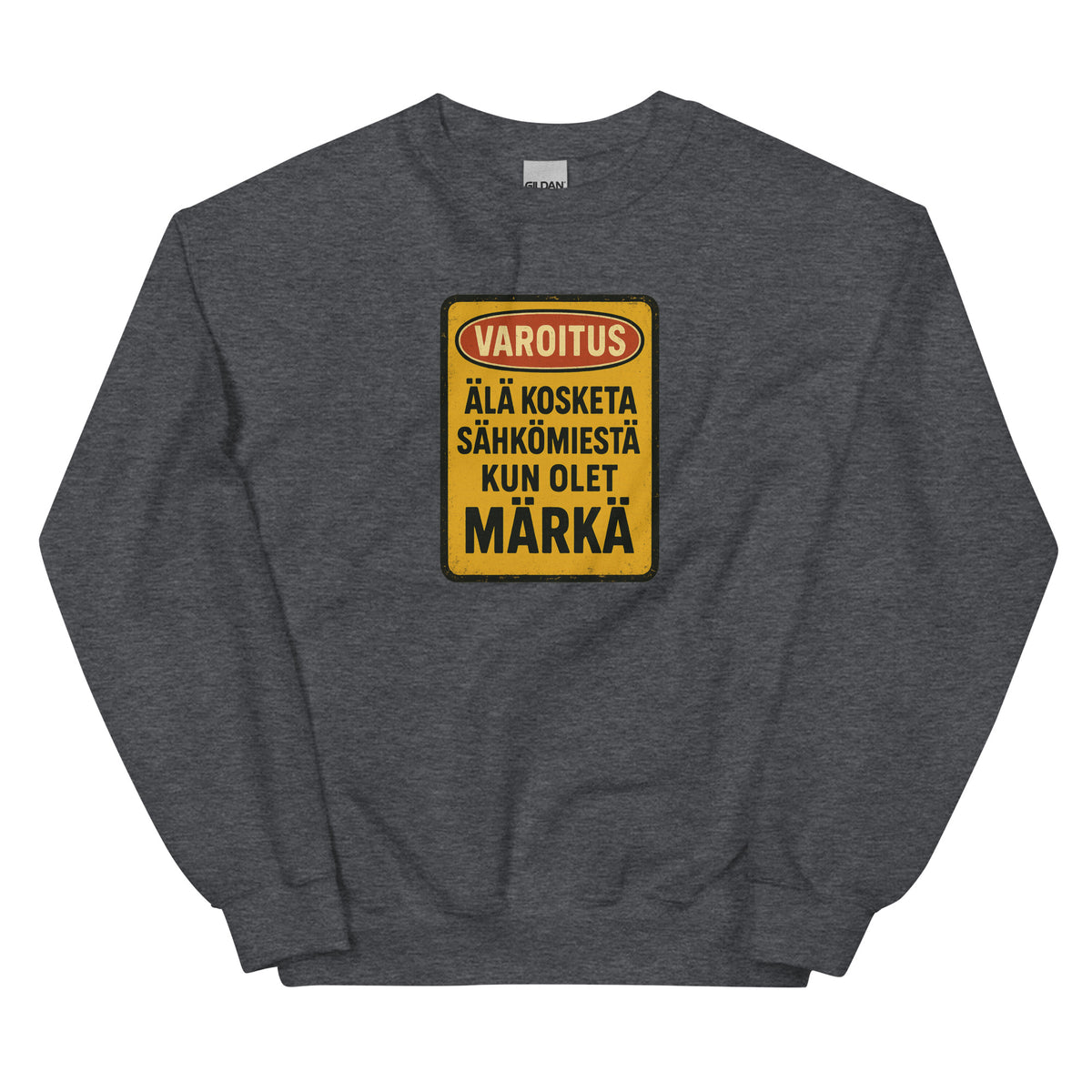 Harmaa pitkähihainen paita varoituskyltillä älä kosketa sähkölaitteita kun olet märkä