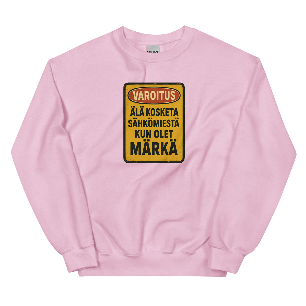 Vaaleanpunainen pitkähihainen paita, jossa varoitusmerkki sähköisistä riskeistä