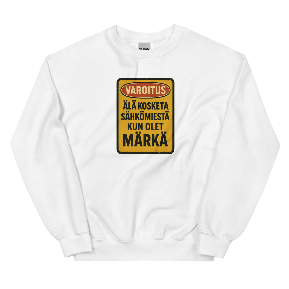 Meemirotta pitkähihainen paita varoitusmerkki sähkölaitteista valkoisena