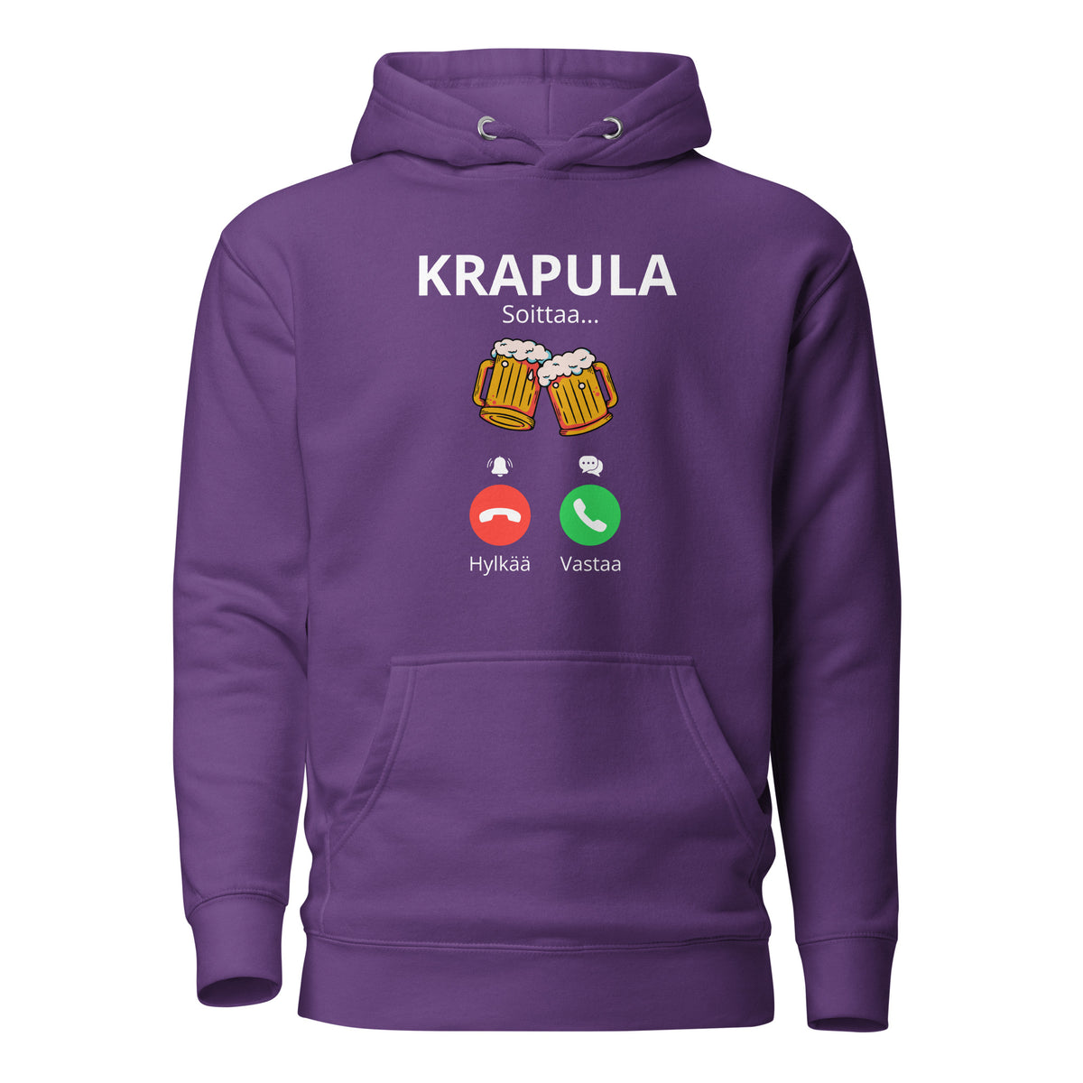 Violetin värinen printtipaita, jossa on huumorimainen teksti ja kuvat olutkirjoista