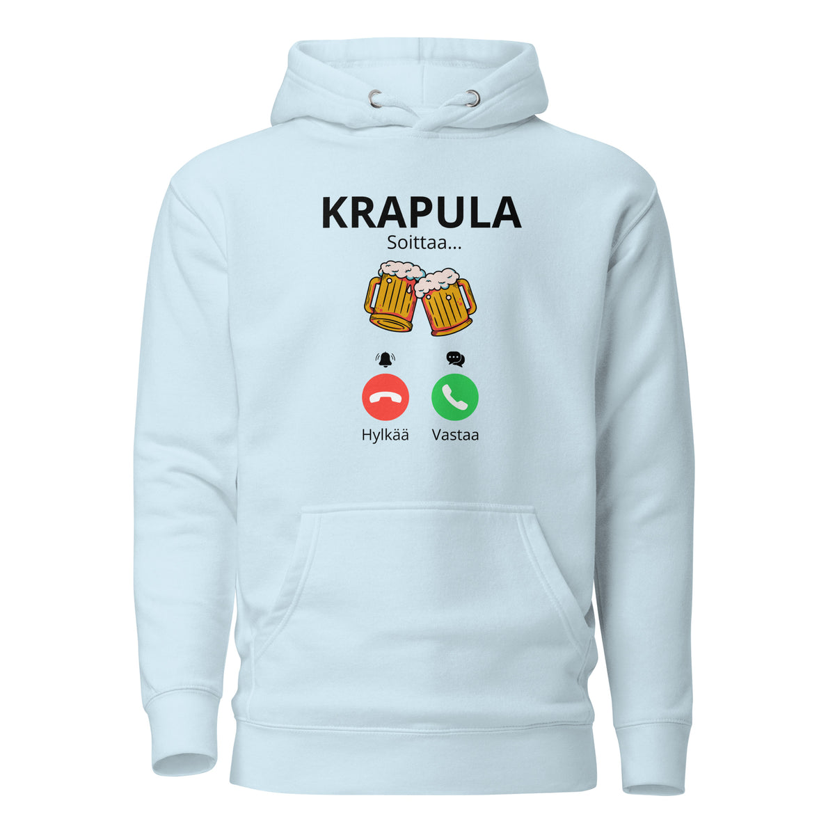 Vaaleansininen printtipaita, jossa hauska krapula-aiheinen painatus ja puhelinsymbolit