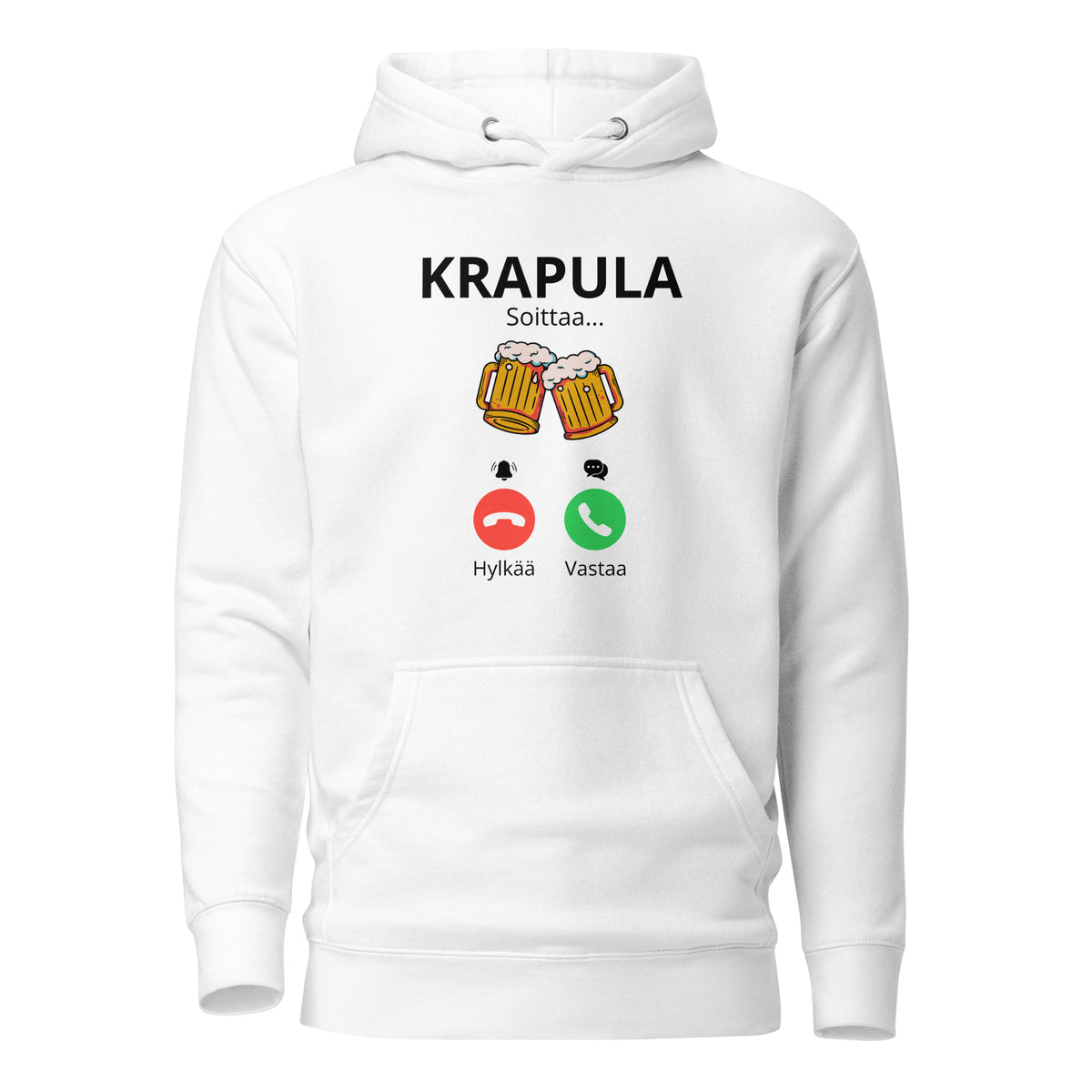 Valkoinen printtipaita, jossa on hauska Krapula-teksti ja olutlasit