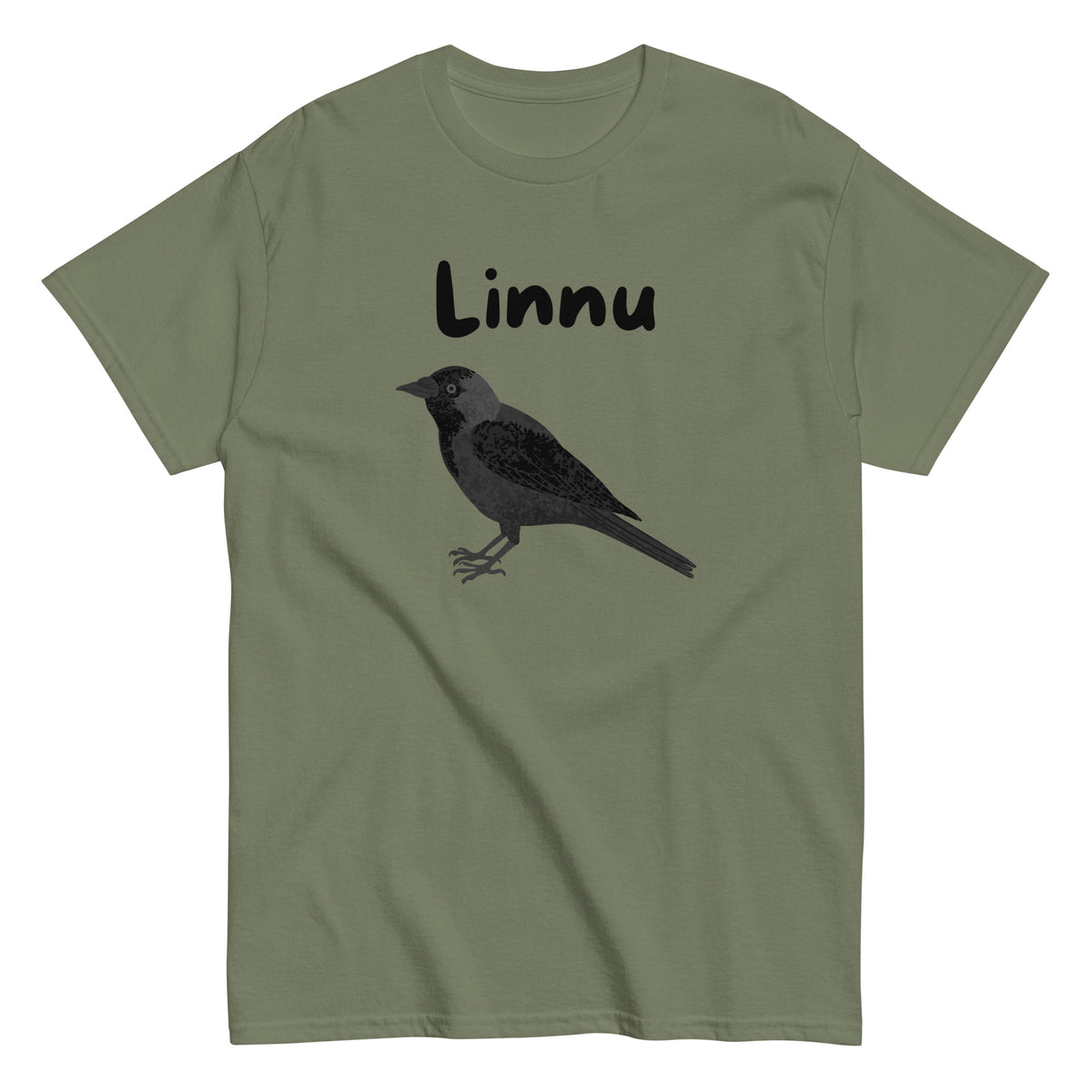Meemirotta printtipaita, jossa on musta lintu ja teksti 'Linnu' vihreällä taustalla