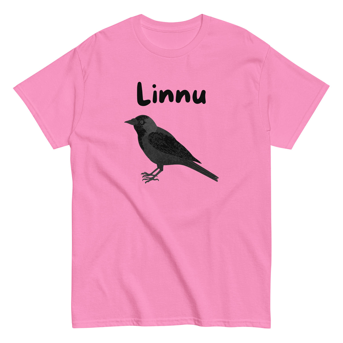 Vaaleanpunainen printtipaita mustalla linnun kuvalla ja tekstillä 'Linnu'