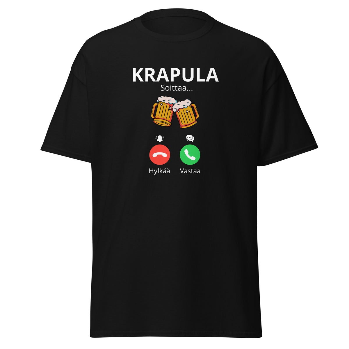 Mustat printtipaita, jossa teksti Krapula Soittaa ja olutlasit, hauska malli vapaa-aikaan