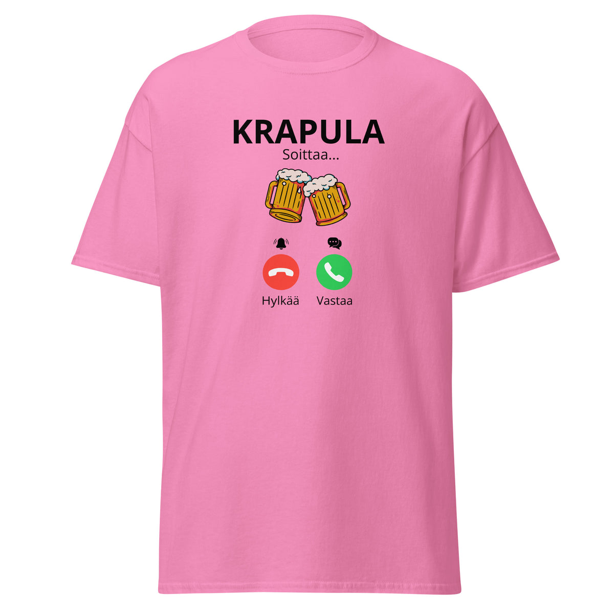 Vaaleanpunainen printtipaita, jossa teksti Krapula ja juomalasit, hauska lahja ystäville