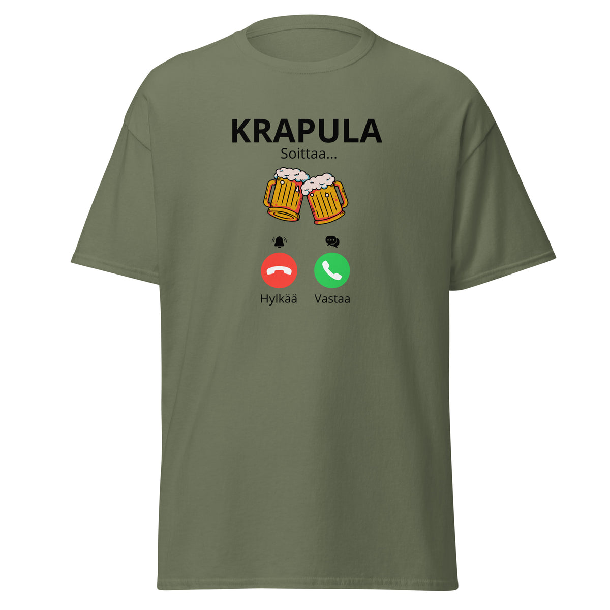 Krapula printtipaita, jossa olutkuvio ja hauska puhelinaihe, hauska vaate juhliin