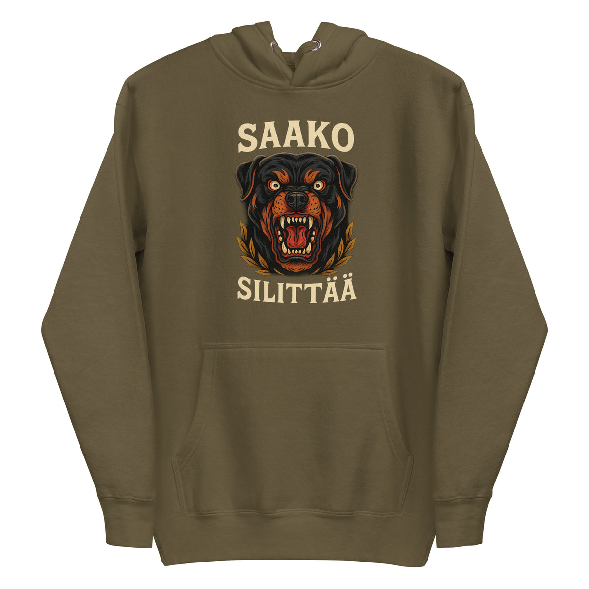 Meemirotta huppari karhun kuvalla ja tekstillä saako silittää huppari.