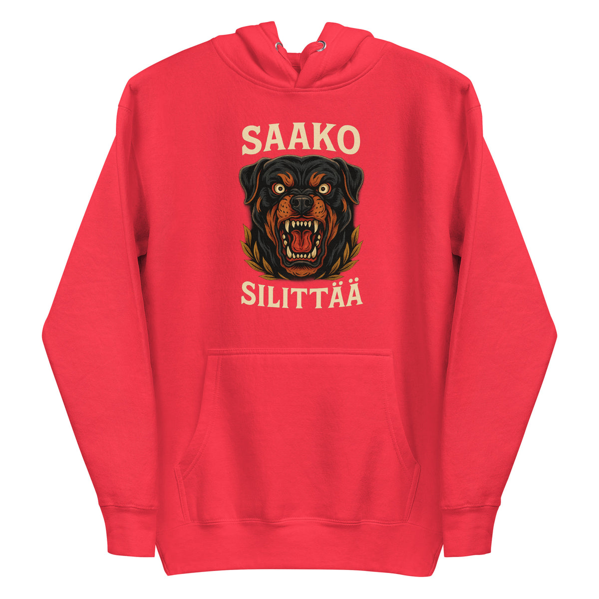 Punainen huppari, jossa on Rottweiler-aiheinen graafinen painatus ja teksti saako silittää
