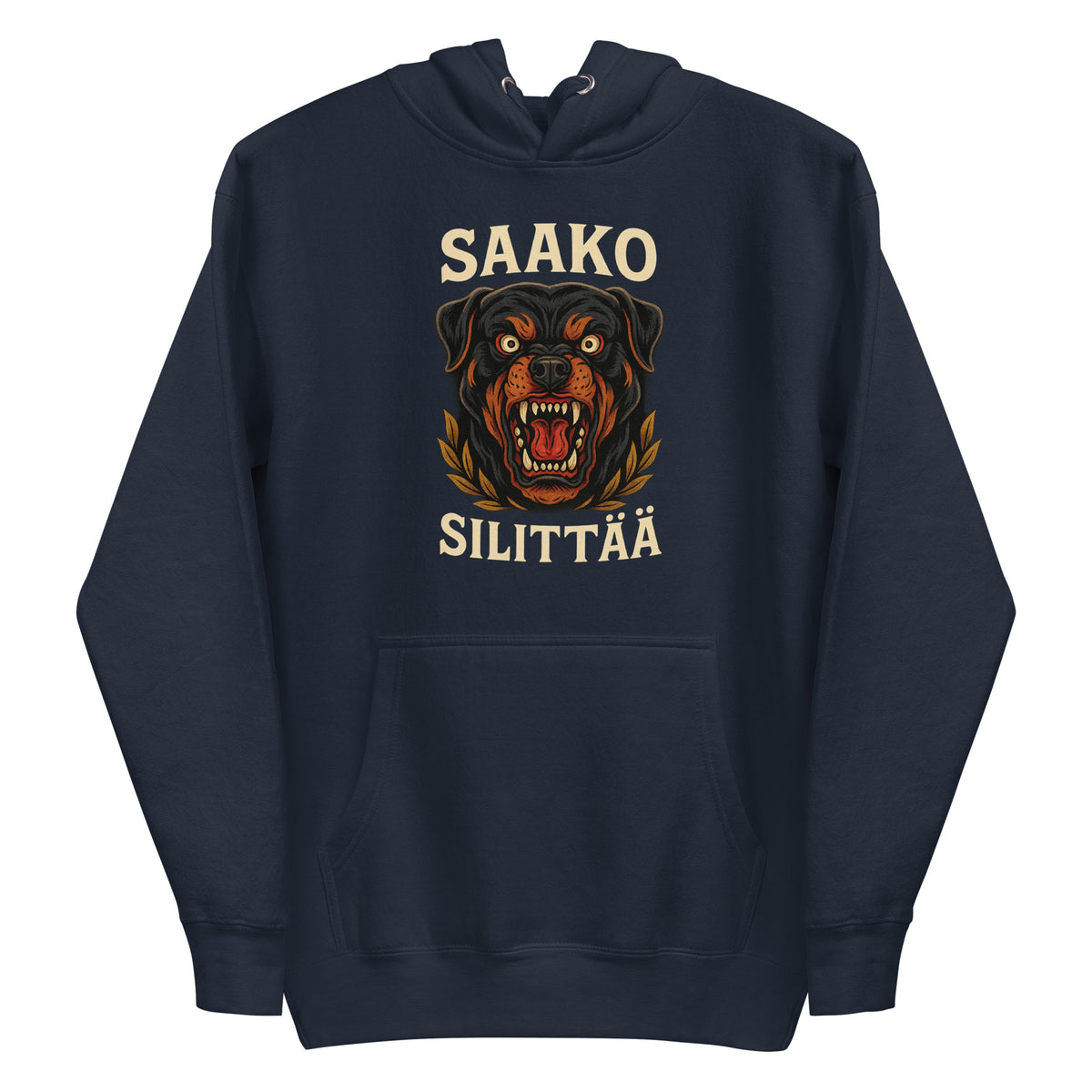 Tummansininen huppari, jossa Rottweiler-kotiväri ja teksti Saako silittää edessä