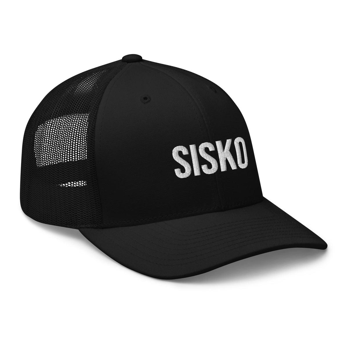 Meemirotan sisko lippis mustana, jossa valkoinen kirjailu etupuolella