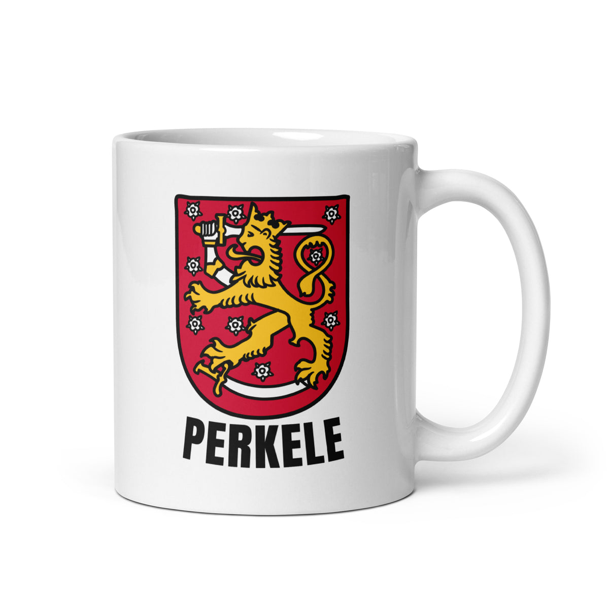 Suomi vaakuna muki punaisella tiikerillä ja tekstillä 'PERKELE'