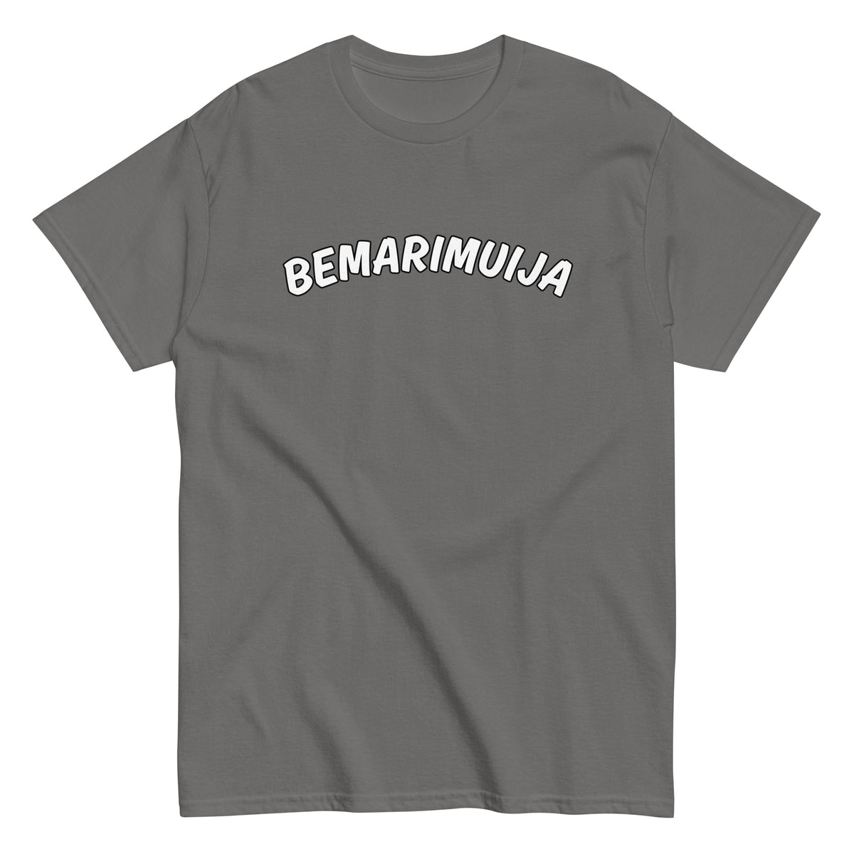 Vaaleanharmaa bemarimuija t-paita, jossa isolla painatuksella teksti 'BEMARIMUIJA'