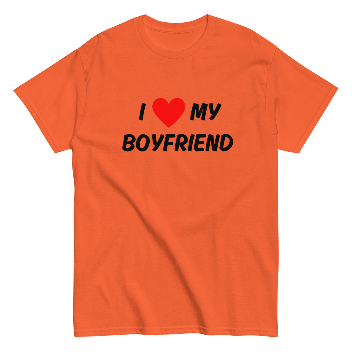 Oranssi hauska boyfriend t-paita, jossa sydänkuvio ja teksti I love my boyfriend.