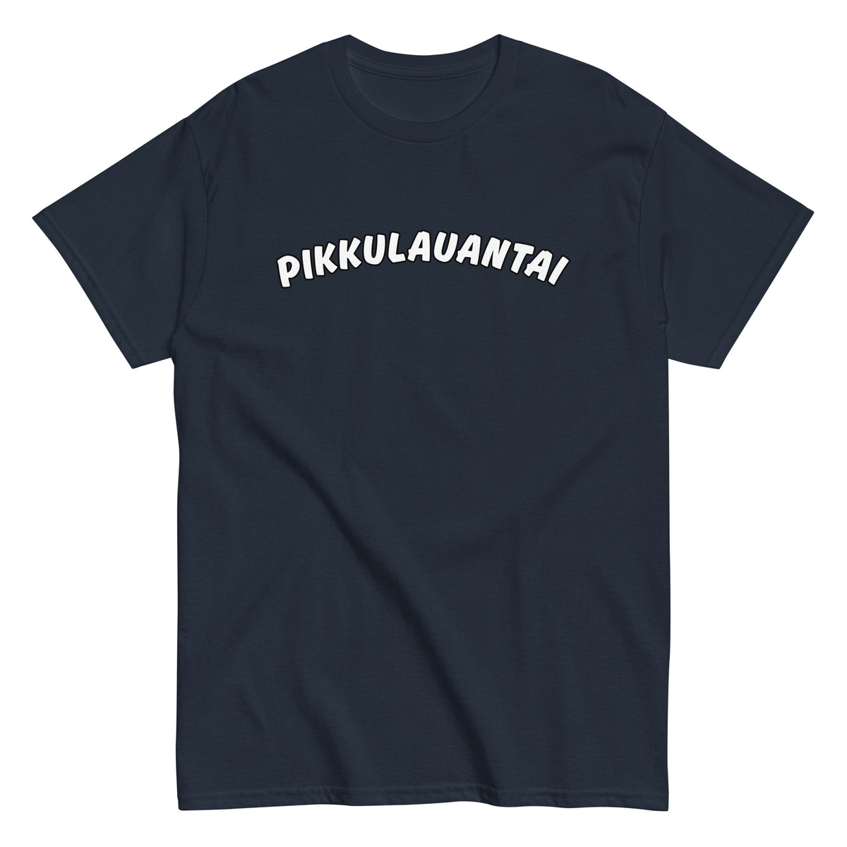 Meemirotta pikkulauantai t-paita tummansinisellä pohjalla ja valkoisella tekstillä