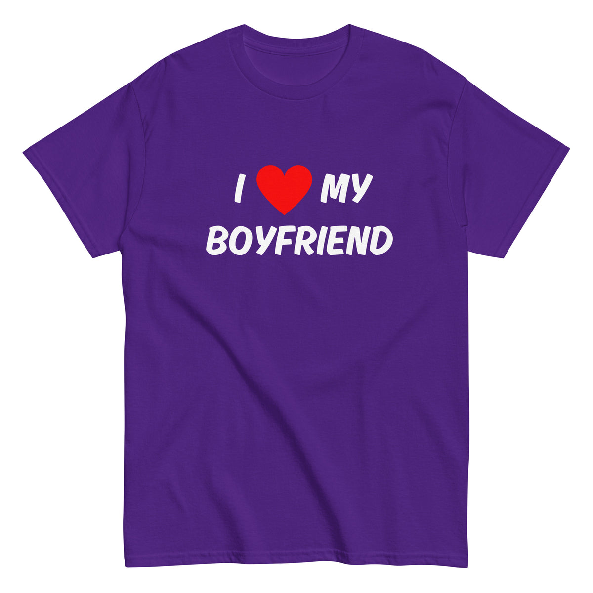Hauska boyfriend t-paita violettina, jossa teksti I love my boyfriend valkoisella ja punaisella