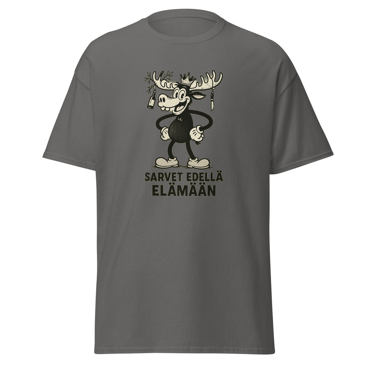 Harmaa T-Paita, jossa sarvimalja ja teksti 'Sarvet edellä elämään' mustalla grafiikalla