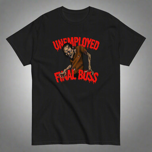 Meemirotta t-paita mustalla taustalla, jossa on Unemployed Final Boss -kuvio
