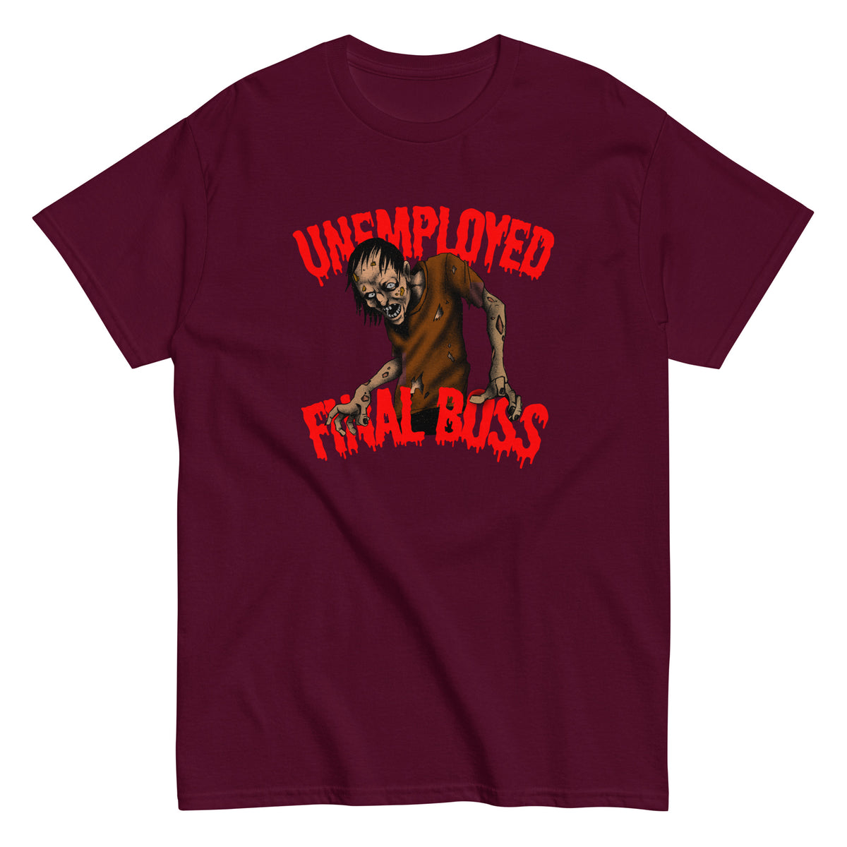 Meemirotta t-paita Punainen Unemployed Final Boss -kuvalla, joka yhdistää huumorin ja tyylin