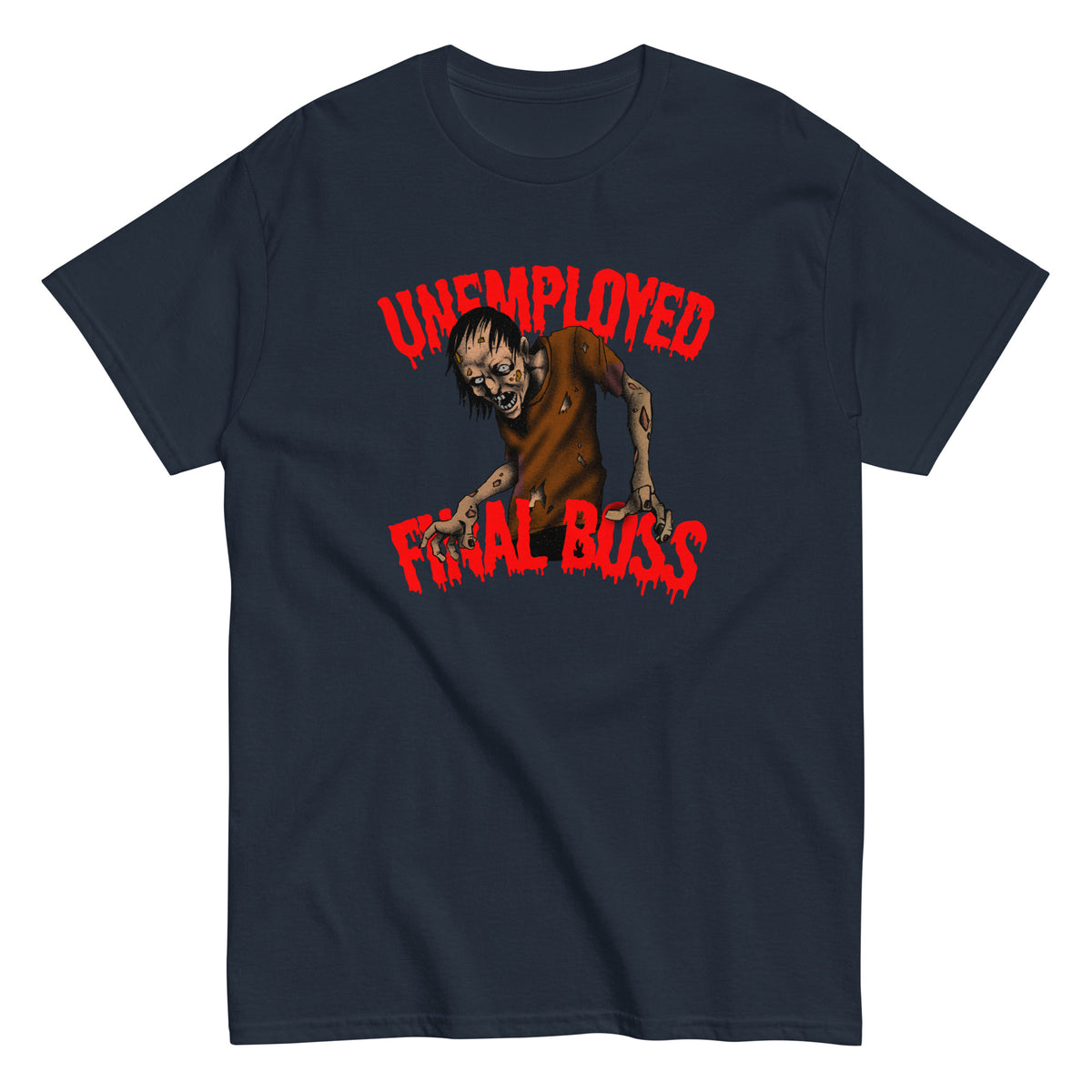 Meemirotta t-paita, jossa Unemployed Final Boss -painatus ja zombi-teema