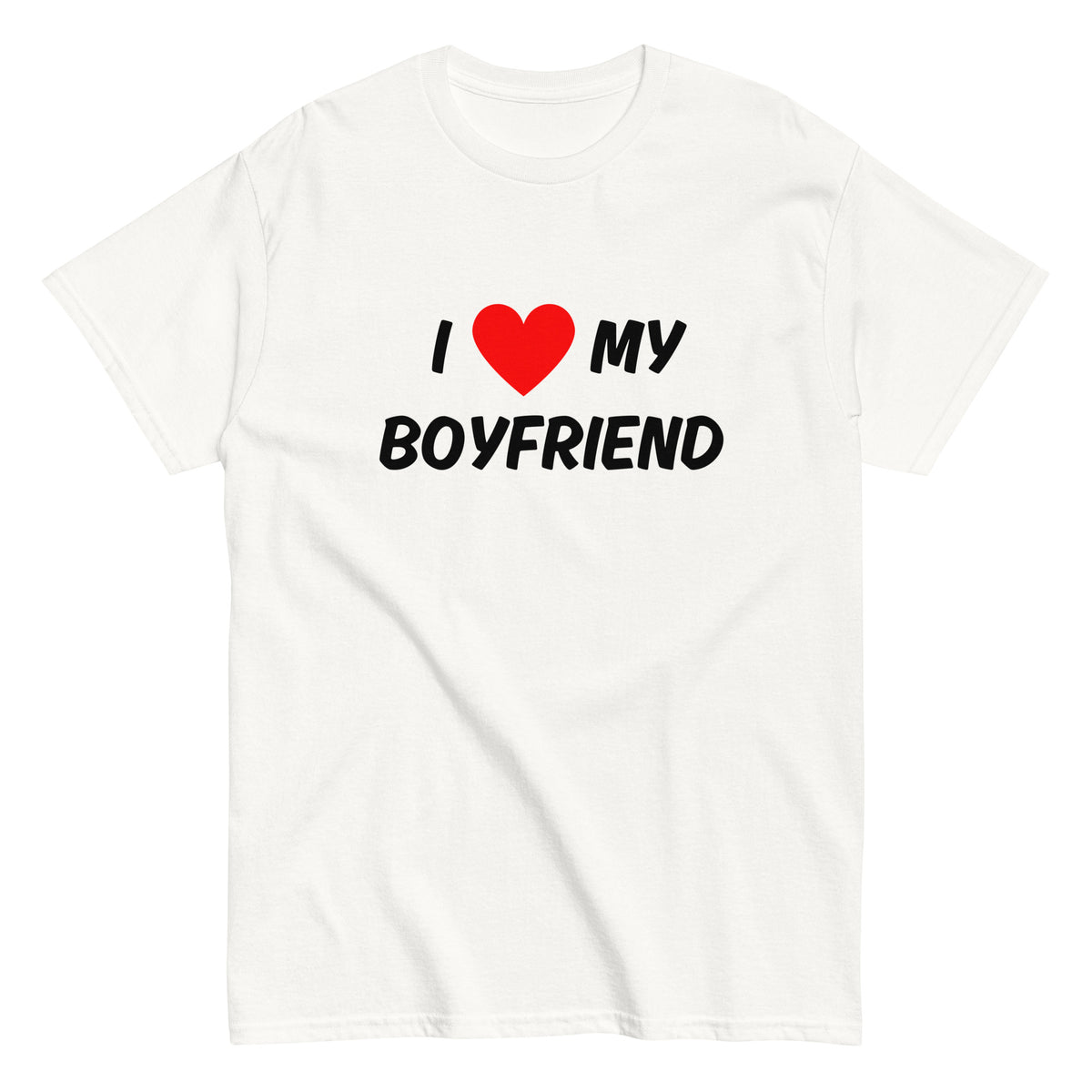 Hauska boyfriend t-paita, jossa teksti I love my boyfriend ja punainen sydänkuva.