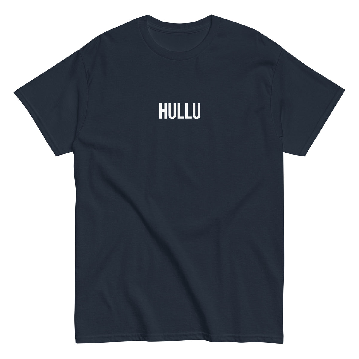 Meemirotta musta tekstipaita, jossa on valkoinen HULLU-teksti edessä