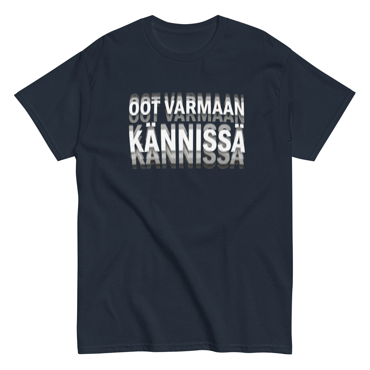 Tummansininen tekstipaita, jossa on hauska slogan 'Oot varmaan kannissa'