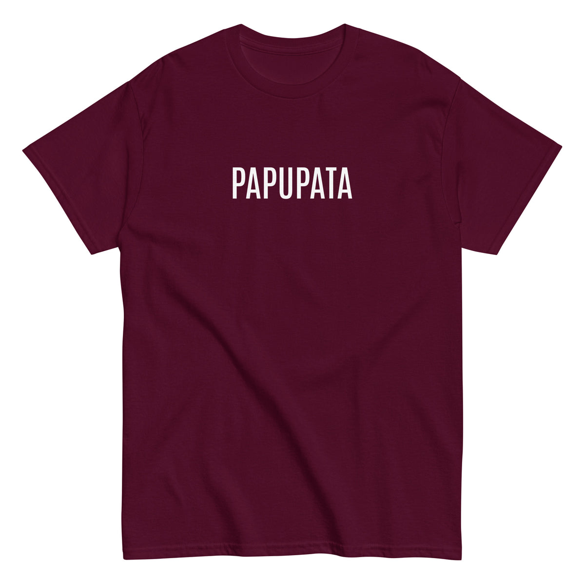 Burgundinpunainen tekstipaita, jossa on valkoinen sana PAPUPATA edessä