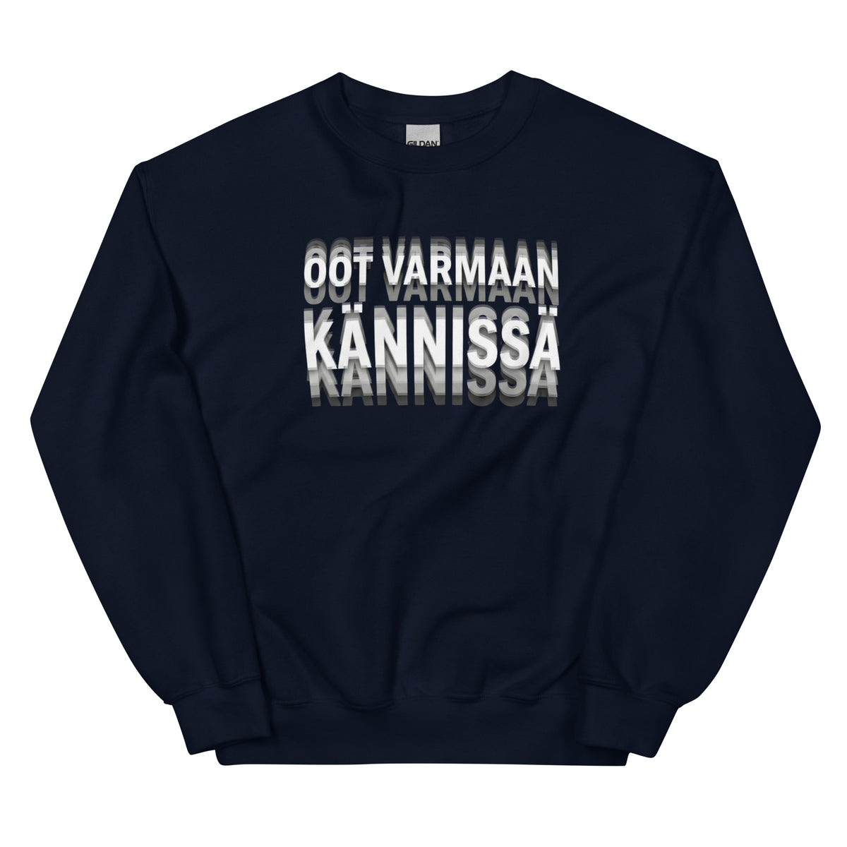 Tummansininen tekstipaita, jossa printissä on sanat OOT VARMAAN KÄNNISSÄ