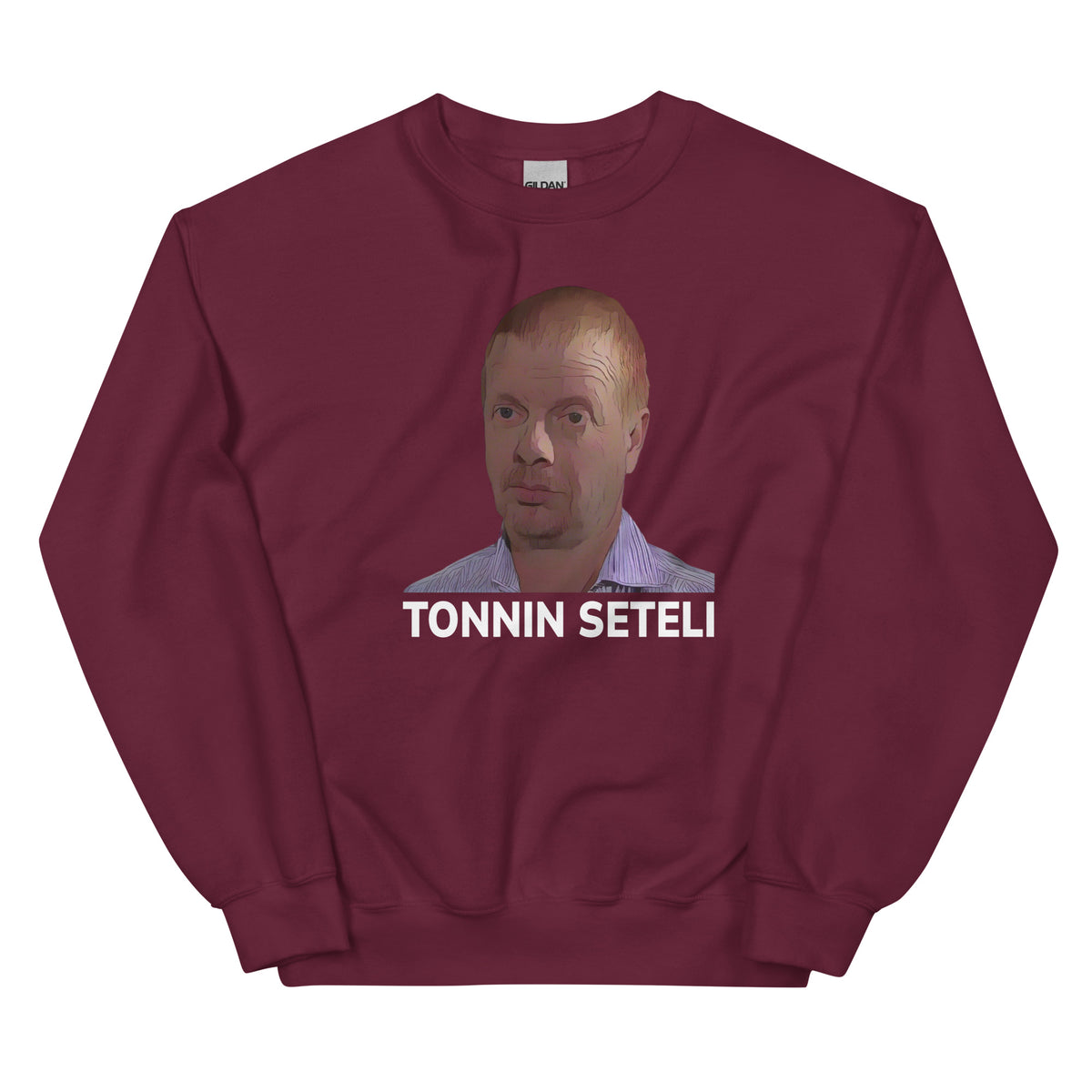 Burgundin värinen tonnin seteli collegepaita, jossa hauska painatus edessä
