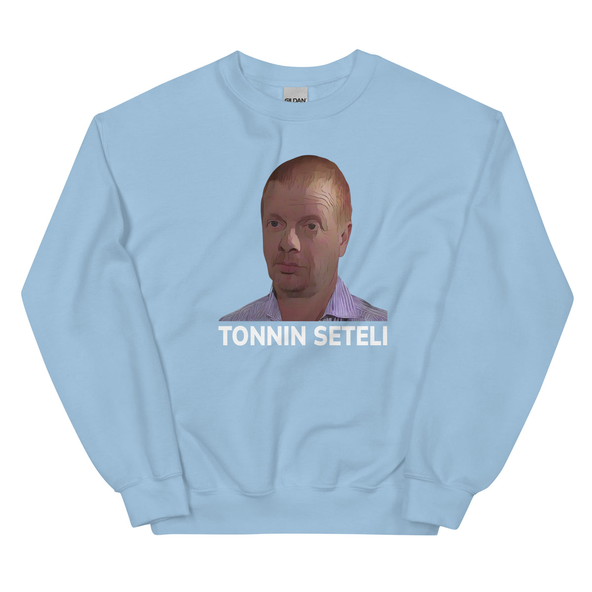 Vaaleansininen tonnin seteli collegepaita kuvalla ja tekstillä Tonnin Seteli edessä