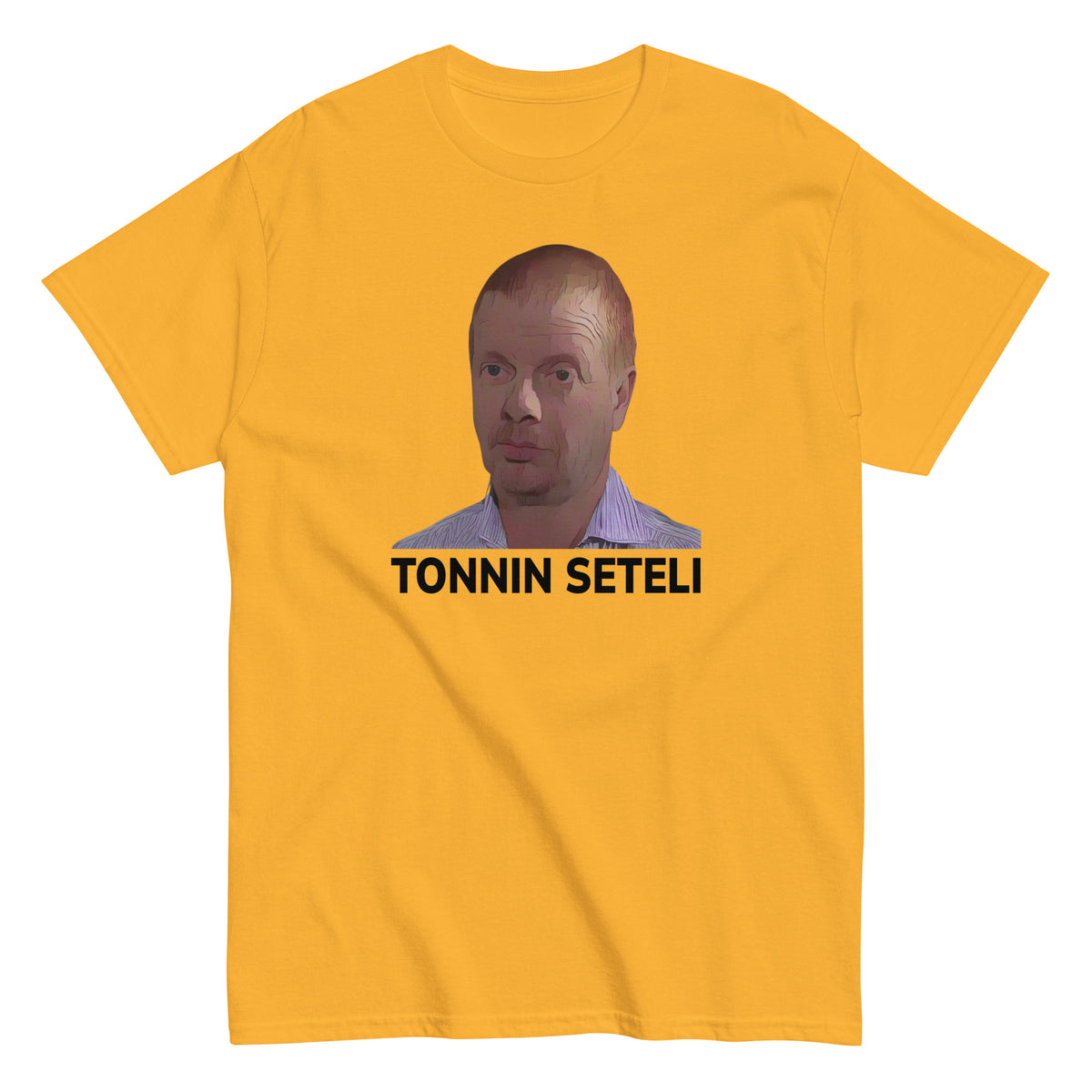 Keltainen tonnin seteli t-paita Meemirotta-logolla ja persoonallisella painatuksella