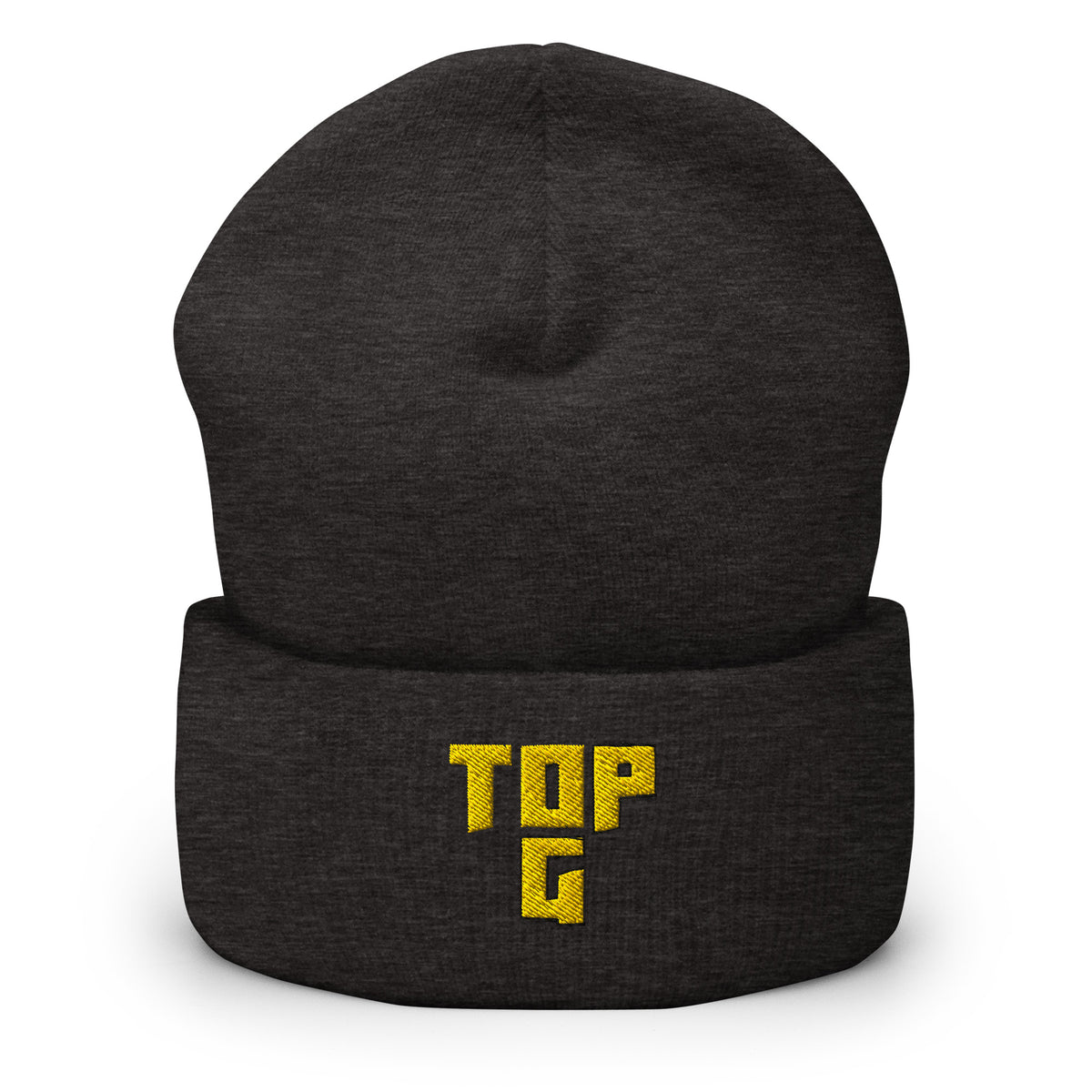 Meemirotta Top G pipo mustana, jossa keltainen TOP G -logo edessä