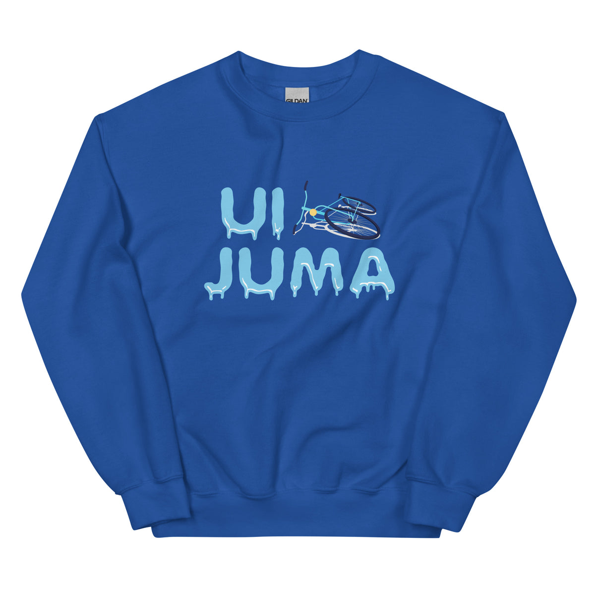 Sininen ui juma collegepaita, jossa jäätynyt teksti ja uimarenkaat koristavat edustaa rentoa tyyliä.