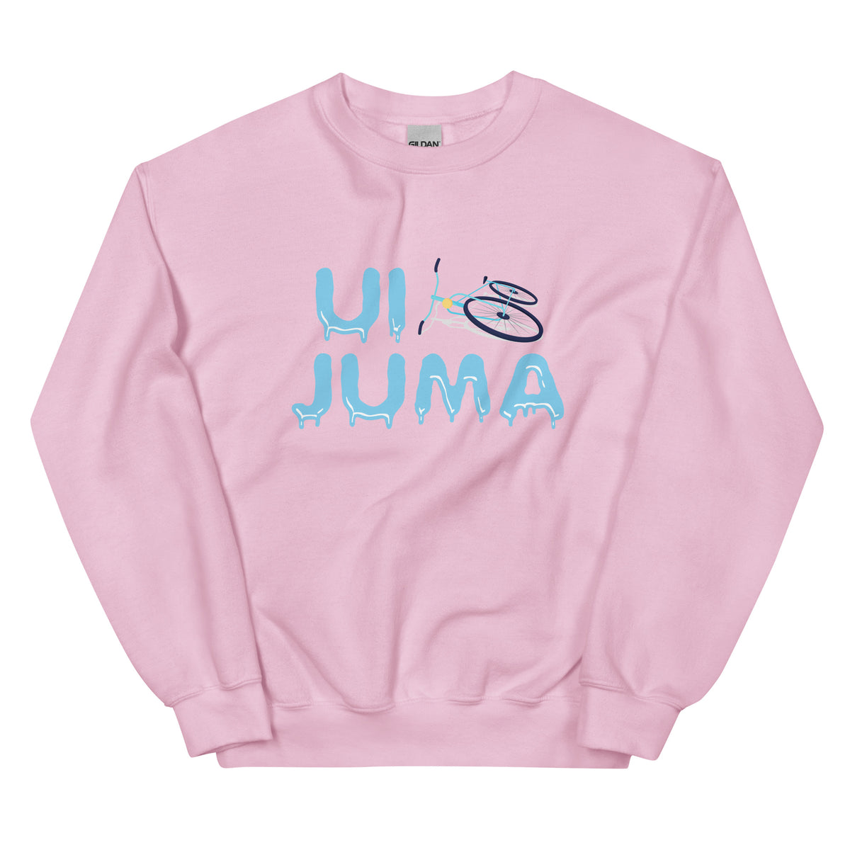 Vaaleanpunainen ui juma collegepaita, jossa värikäs graafinen printti edessä