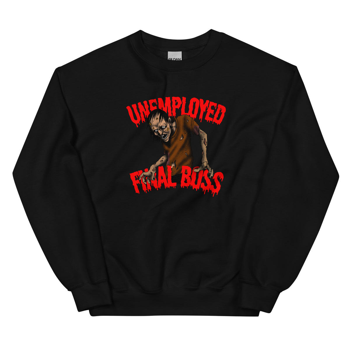 Meemirotta Unemployed Final Boss college paita mustalla värillä ja räikeällä tulostuksella
