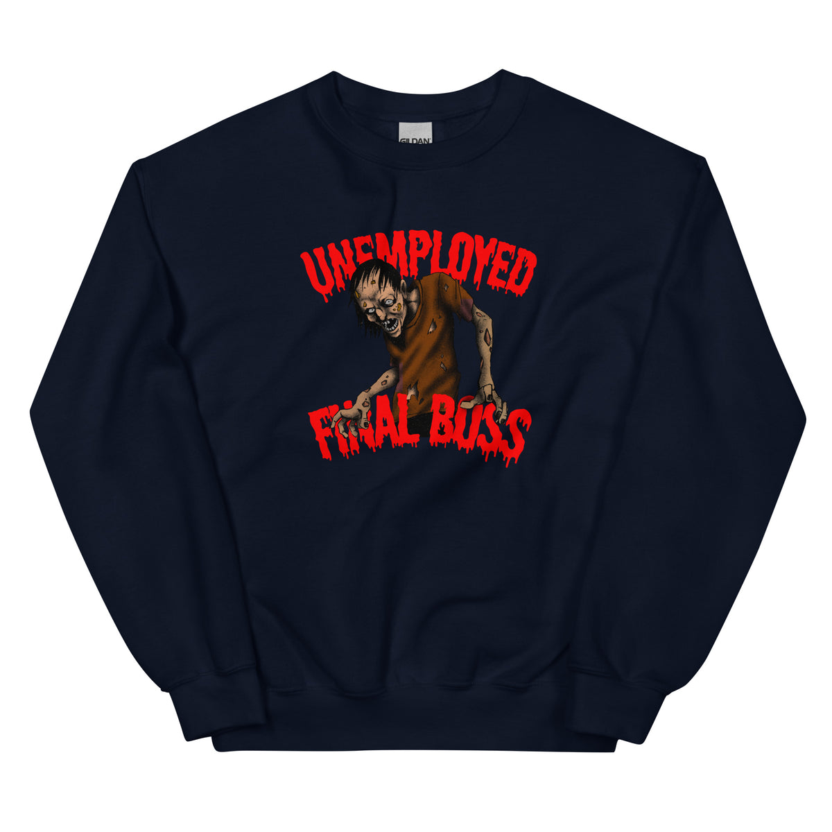Meemirotta Unemployed Final Boss college paita mustana, rohkea grafiikka ja rento malli