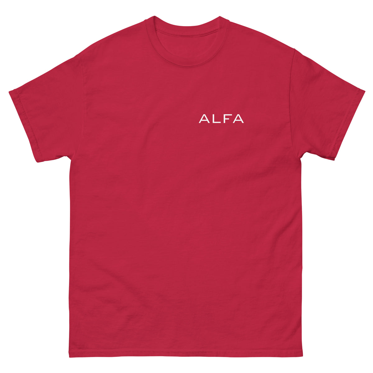 Meemirottan "Alfa T-Paita" on tyylikäs musta T-paita, jossa on valkoinen sana "ALFA" rinnan vasemmassa yläkulmassa.