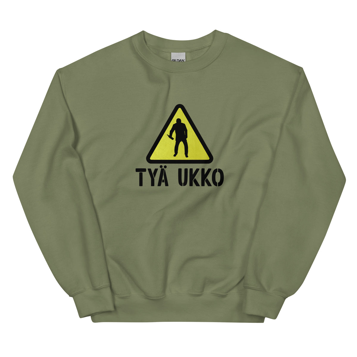 Tyä ukko collegepaita oliivinvihreänä, jossa varoitusmerkki ja hahmo.