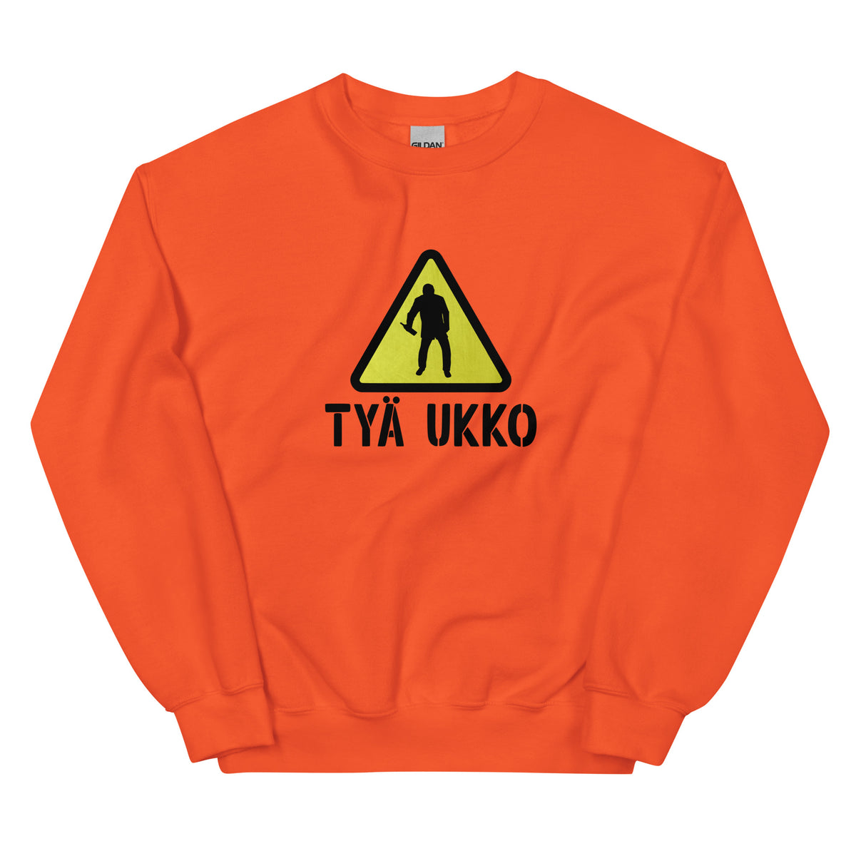 Oranssi tyä ukko collegepaita varoitusmerkillä ja mustalla tekstillä