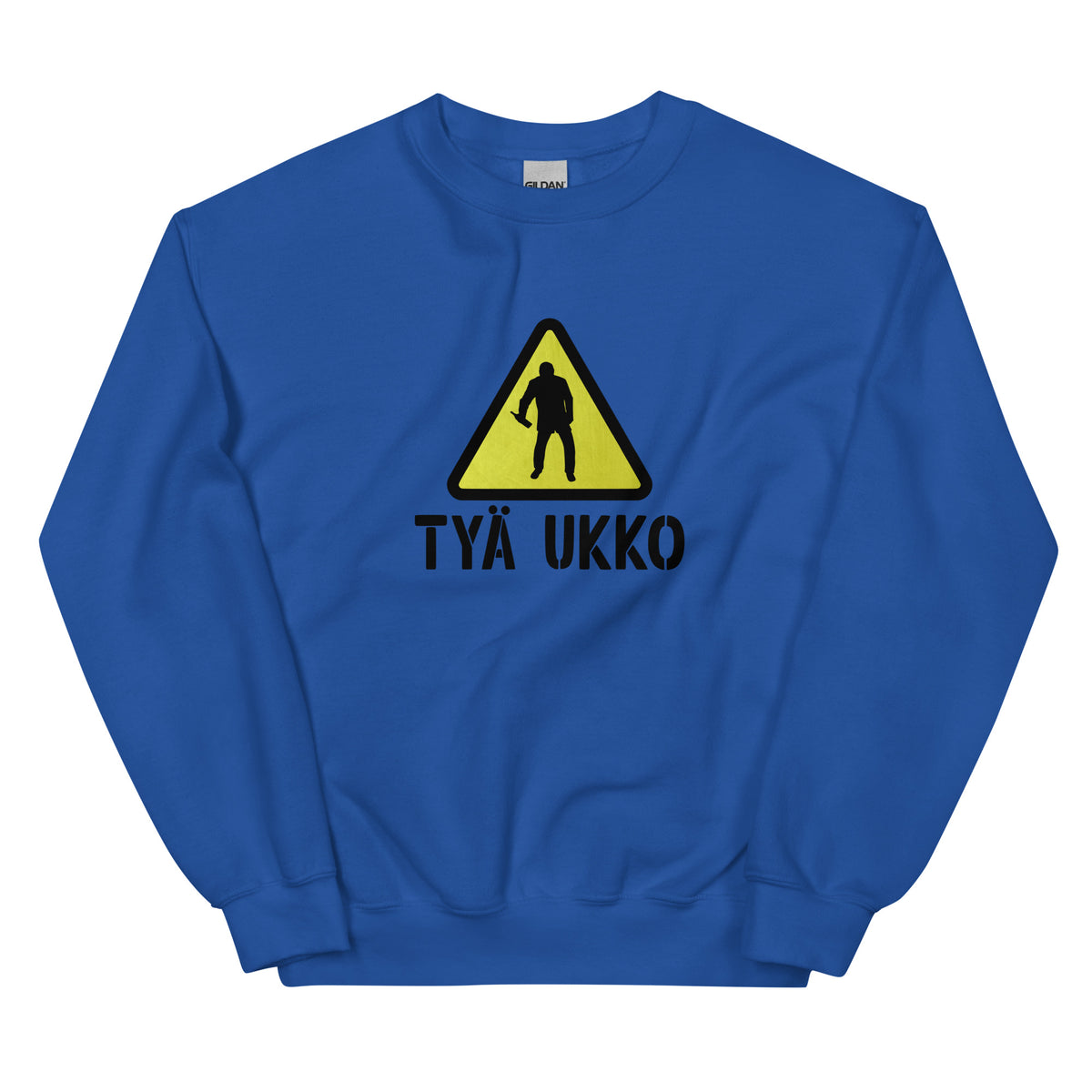 Sininen tyä ukko collegepaita huomiovärillä ja varoitusmerkillä edessä